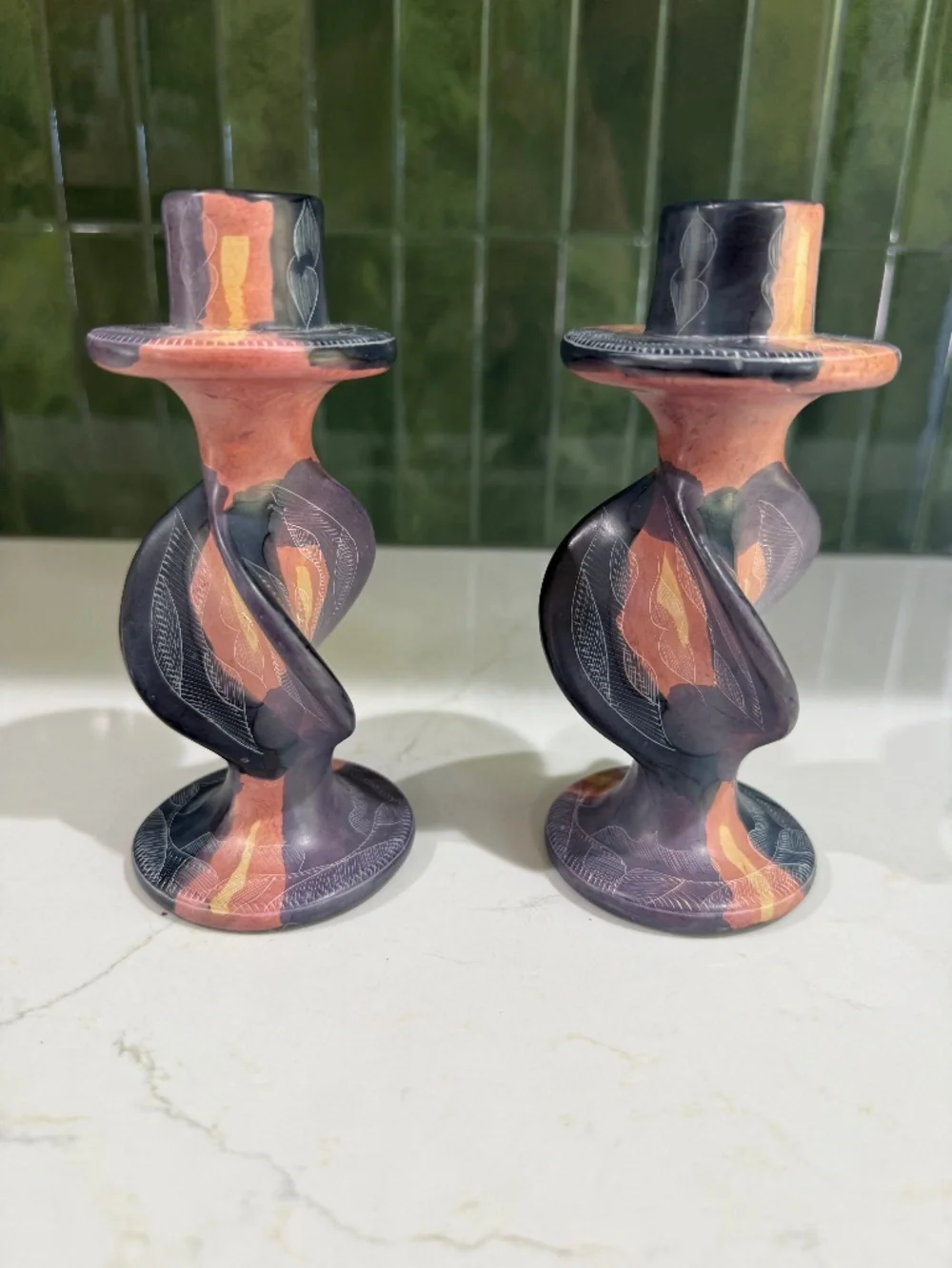 Pair Hand Carved Kenya Soapstone Candlesticks